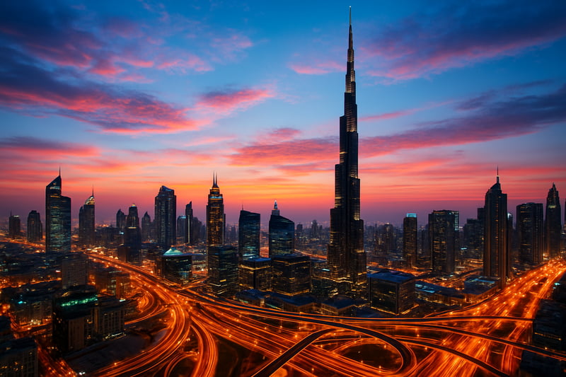 Dubai skyline with Burj Khalifa and vibrant cityscape