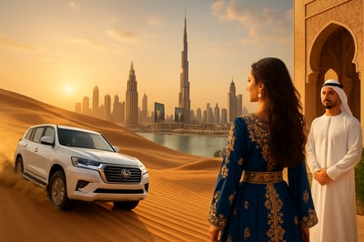 Luxury travel experience in Dubai, including desert safari, city skyline, and cultural attractions